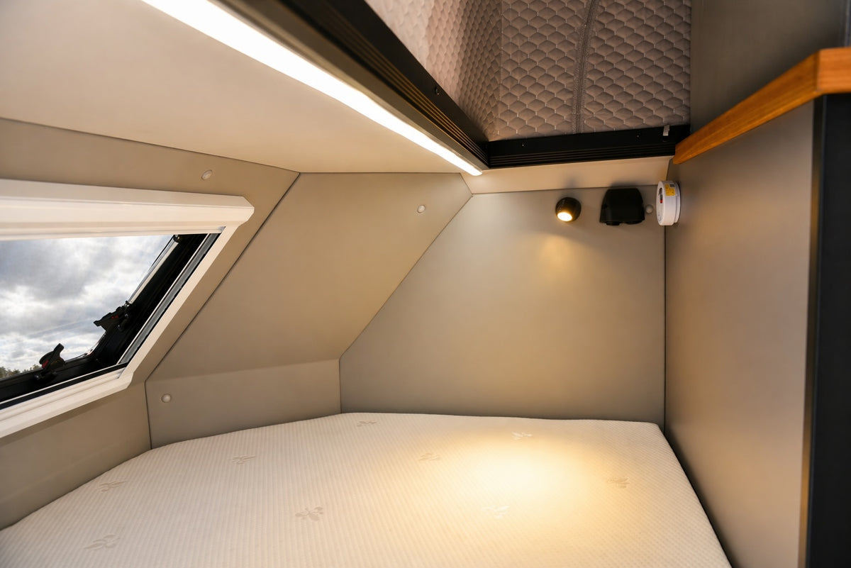 Wild Fort caravan front double bed