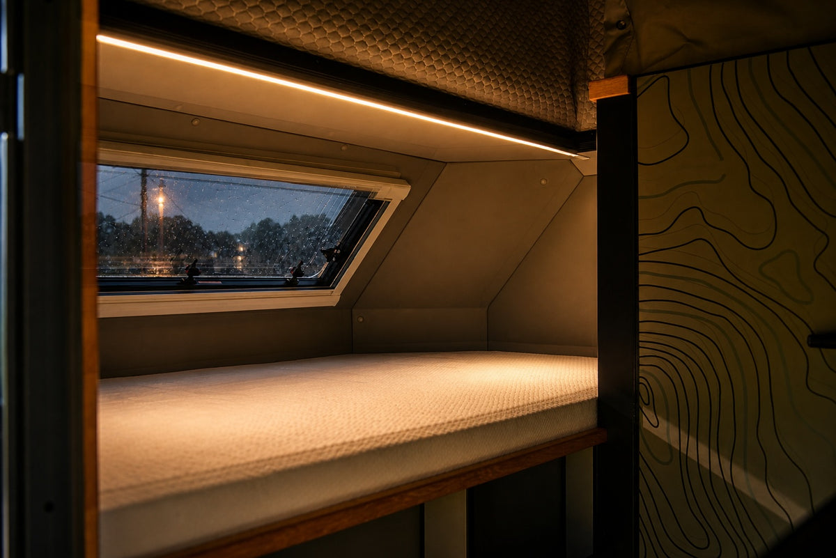 Wild Fort caravan front double bed